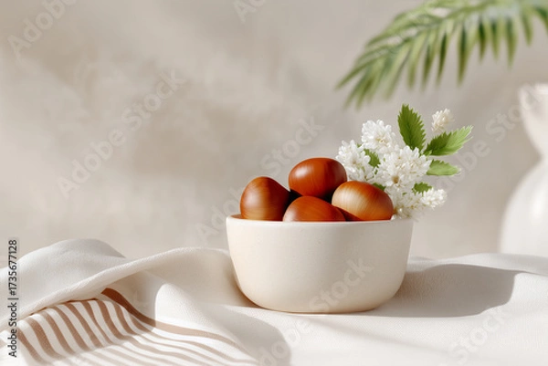 Fototapeta Fresh chestnuts in ceramic bowl with white blossoms on soft fabric backdrop