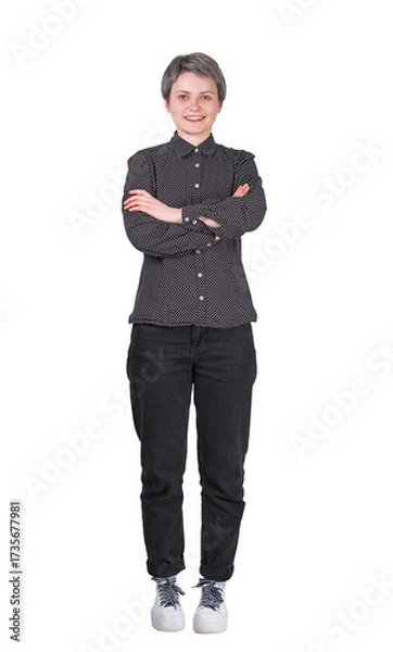 Fototapeta Full length portrait of successful young woman, looking positive and confident to camera keeps arms folded isolated on transparent background