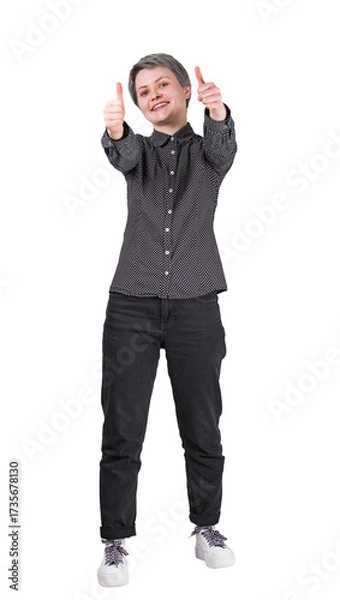 Fototapeta Full length portrait of a joyful woman showing both thumbs up, positive gesture, isolated on transparent background