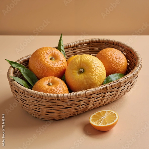 Fototapeta Fresh citrus fruits in wicker basket on beige background, natural vitality