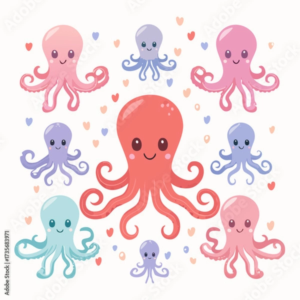 Obraz Adorable Cartoon Octopuses in Various Colors with Smiling Faces and Tentacles.