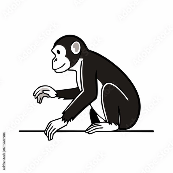 Obraz Cartoon Chimpanzee Sitting with Cyan Outline and White Details.