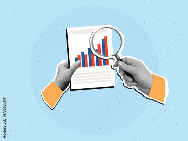 Fototapeta A person looking at documents with a chart a magnifying glass. Modern collage style. Vector illustration