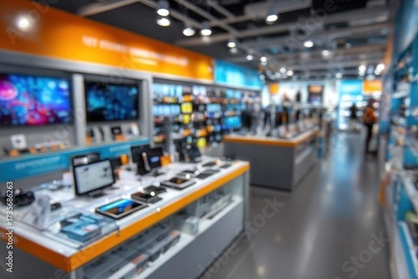 Obraz Electronics store interior with various displays and products on shelves.
