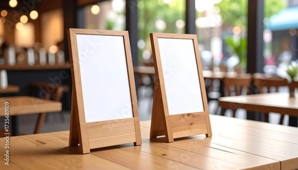 Fototapeta Blank Wooden Menu Boards on Table in Cafe