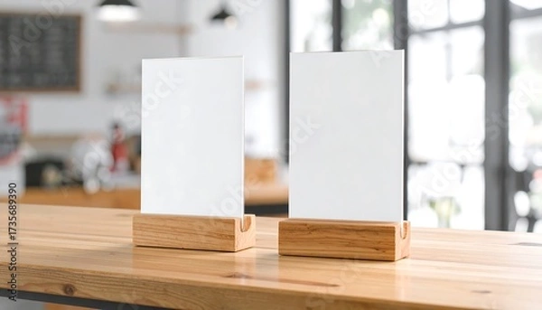 Fototapeta Blank Menu Boards on Wooden Table in Cafe