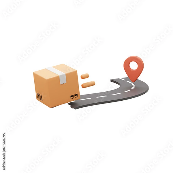 Fototapeta Moving Package Delivery on Dark Road with Red Pin on White Background
