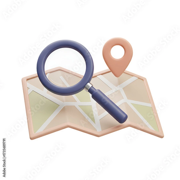 Fototapeta Cartoon Map with Magnifying Glass and Pointer, Peach and Blue