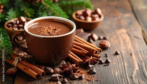 Fototapeta Warm Cozy Hot Chocolate with Spices and Hazelnuts
