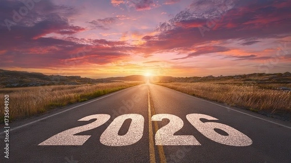 Fototapeta A straight road leads to the horizon with huge white '2026' printed on the asphalt, a golden hue of the sunrise sky and glittering grass, symbolizing the challenges and plans of the new year
