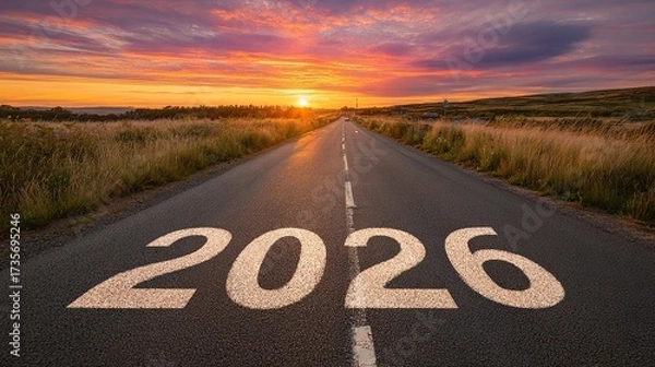 Fototapeta A straight road leads to the horizon with huge white '2026' printed on the asphalt, a golden hue of the sunrise sky and glittering grass, symbolizing the challenges and plans of the new year