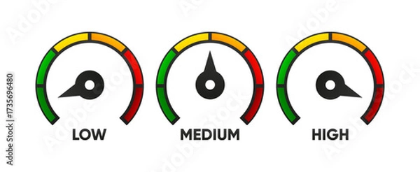Fototapeta Speedometer icon. Low, medium and high speed. Fast internet concept. Rating meter performance concept. Indicator icon collection. Vector illustration.