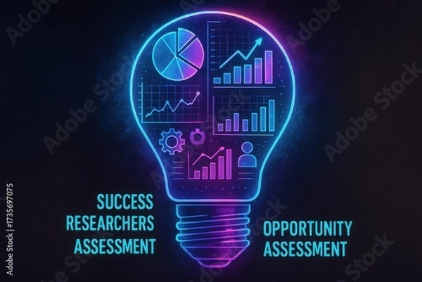 Fototapeta success researchers opportunity assessment concept. Light bulb design featuring assessments and research graphics in vibrant colors.