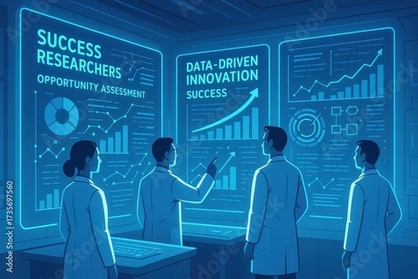 Fototapeta success researchers opportunity assessment concept. Researchers analyzing data-driven success metrics in a high-tech lab.