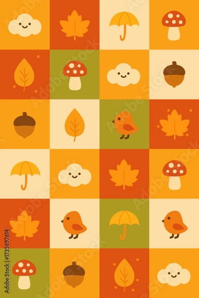 Fototapeta Autumn Geometric Grid Background. Cute Autumn Theme Fall Icon Seamless Pattern Background Illustration
