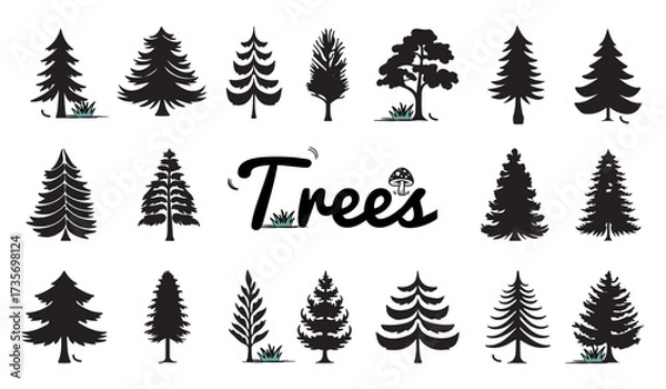 Fototapeta Pine Tree Set - Black Vector Illustrations Isolated On White Background