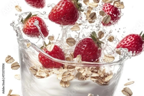 Fototapeta A glass of milk with strawberries and oatmeal floating in it