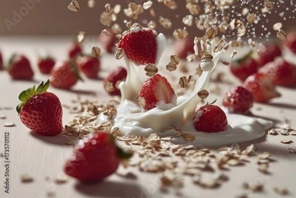 Fototapeta A strawberry and oatmeal milkshake with a splash of milk