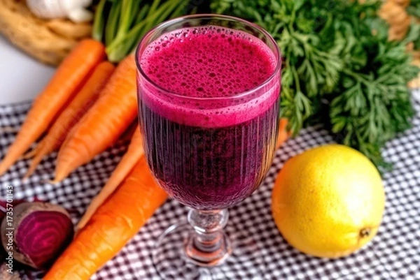 Fototapeta A glass of juice with a carrot and a lemon on a table