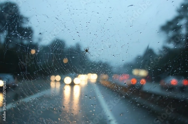 Fototapeta A spider web is seen through a car window on a rainy day