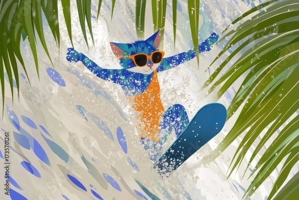 Fototapeta A cat is snowboarding down a wave