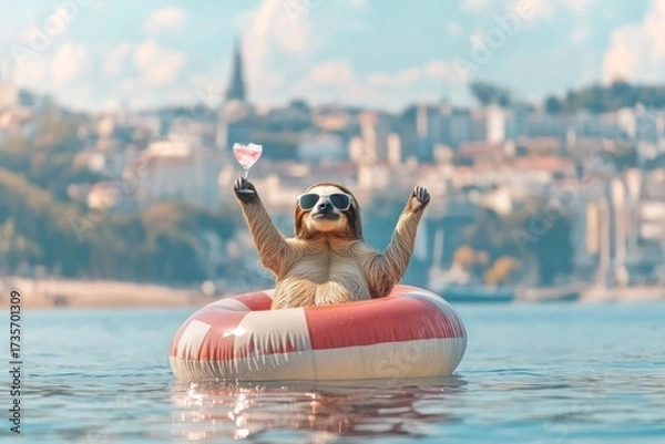 Fototapeta A sloth is in a red and white inflatable raft on a body of water