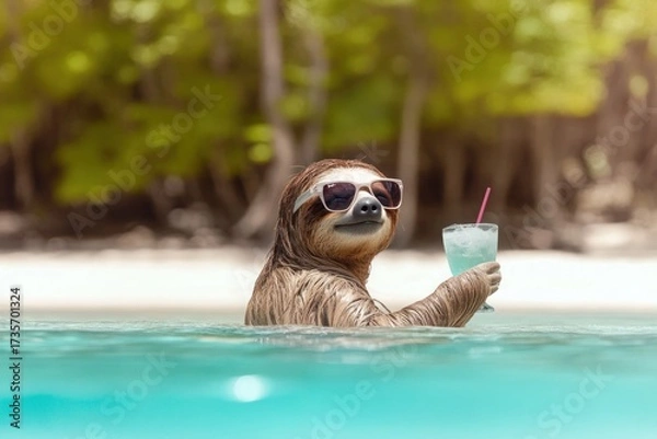 Fototapeta A sloth is in the water with a straw in a glass