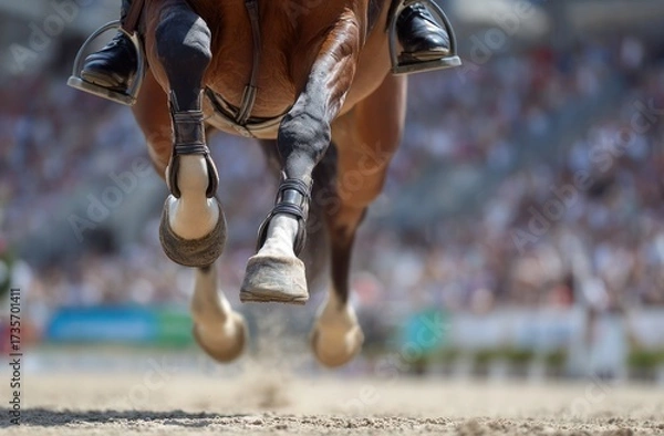 Fototapeta Close-up of a horse's legs in the air, jumping in an equestrian arena with spectators behind it.