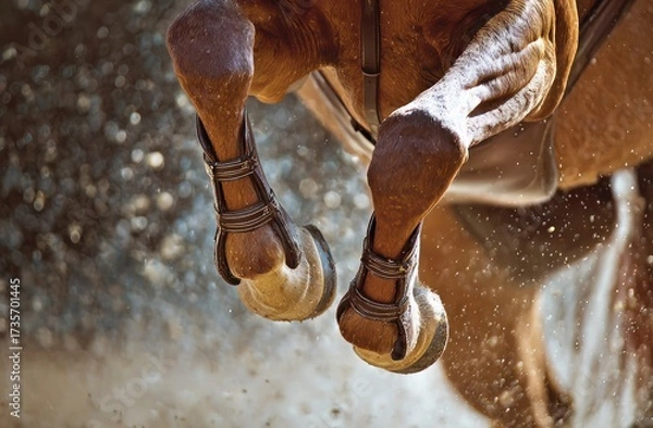 Fototapeta Close-up of a horse's legs in the air during a competition, capturing the motion and detail.