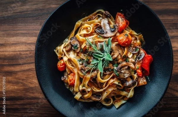 Fototapeta A plate of spaghetti with mushrooms and tomatoes