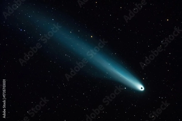 Fototapeta Bright comet with glowing blue tail traveling through outer space against dark starry sky. Perfect for astronomy themes, science visuals, or cosmic background designs.