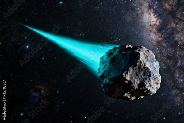 Fototapeta Large asteroid with bright turquoise glowing trail moves through star-filled galaxy sky, symbolizing cosmic travel and astronomical wonder. Perfect for science visuals.