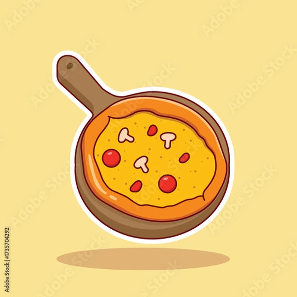 Fototapeta Cute pizza illustration on a wooden tray floating on a yellow background
