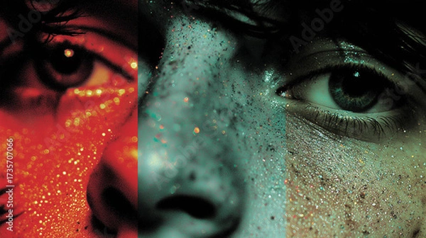 Fototapeta A close-up image of eyes adorned with colors showcases deep emotional expression through vibrant details and artistic essence.