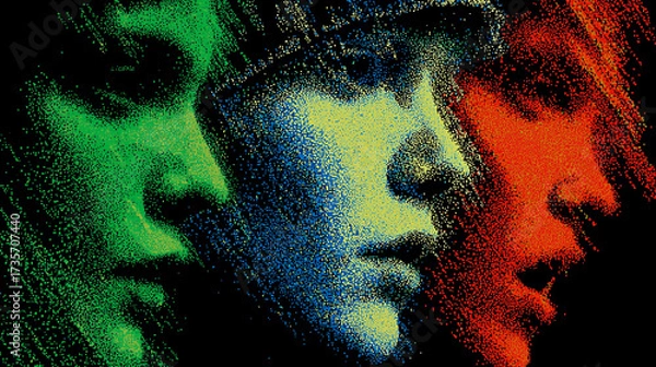 Fototapeta A dramatic collage of three profile faces in contrasting colors of green, blue, and red, exploring the theme of identity.