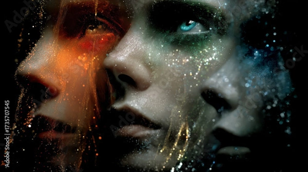 Fototapeta An ethereal representation of layered faces adorned with cosmic-themed colors and textures, evoking depth and wonder.