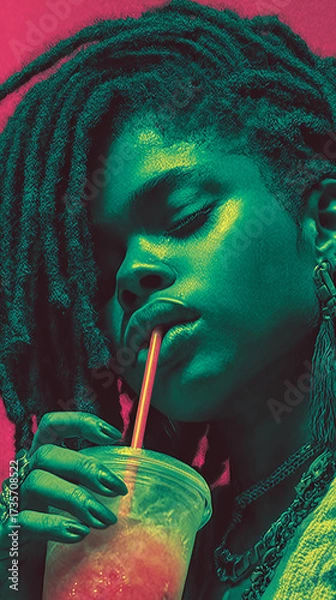 Fototapeta A young person enjoys a colorful drink, captured in a vibrant, surreal hue that evokes refreshment and chill vibes for the moment.