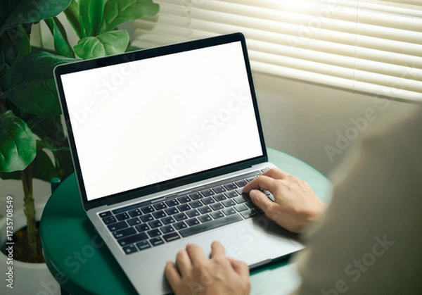 Fototapeta Laptop mockup blank screen on desk with typing hands, template for website UI, app design, presentation and digital advertising, modern workspace with copy space and green plant background