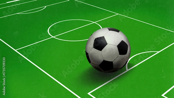 Fototapeta Modern collage. Giant soccer ball on green marked football field. Concept of global sport, passion, competition, branding, publishing and creative advertising visuals.