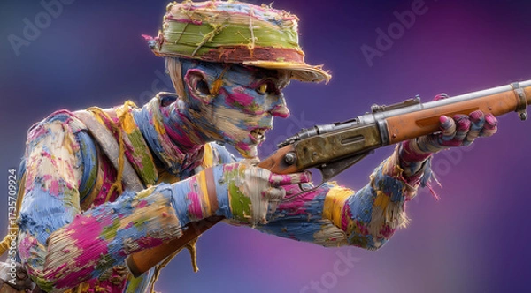 Fototapeta This artistic representation shows a colorful straw figure holding a rifle, blending elements of nature with a soldier's stance.