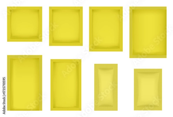 Fototapeta Set of yellow sachets in various shapes and sizes. Square and rectangular, vertical and horizontal. Cosmetic samples, skincare products, food supplements, tea bags, or single-use items