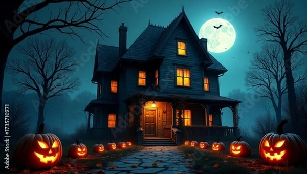 Fototapeta Haunted Castle with Glowing Jack-O’-Lanterns