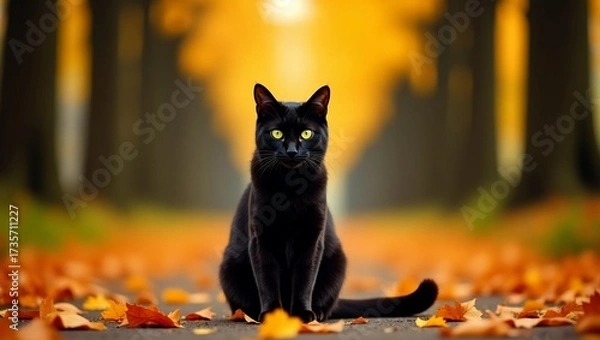 Fototapeta Black Cat in Autumn Forest with Fallen Leaves