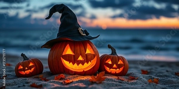 Fototapeta Smiling Jack-O Lantern Pumpkin with Witch Hat