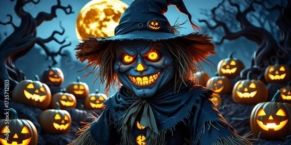 Fototapeta Creepy Halloween Scarecrow with Glowing Pumpkins
