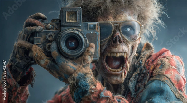 Fototapeta A grotesque yet captivating portrayal of a zombie holding a camera, displaying the blend of horror and intrigue with vivid detail.