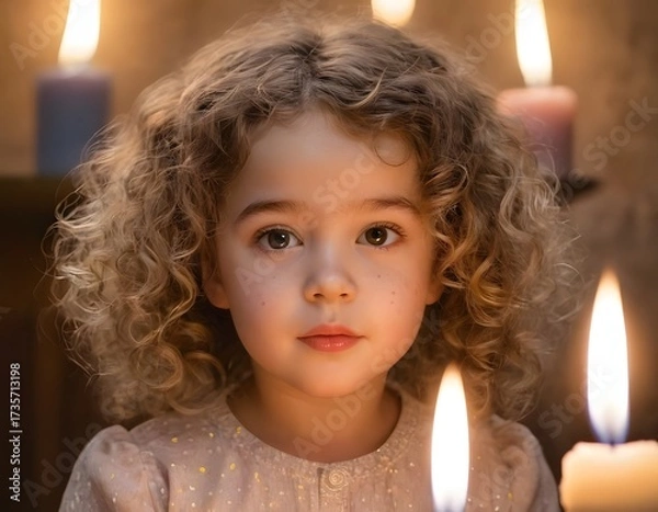 Obraz Ultra-realistic artistic close-up of a 3-year-old girl with soft curly hair lit by warm candlelight