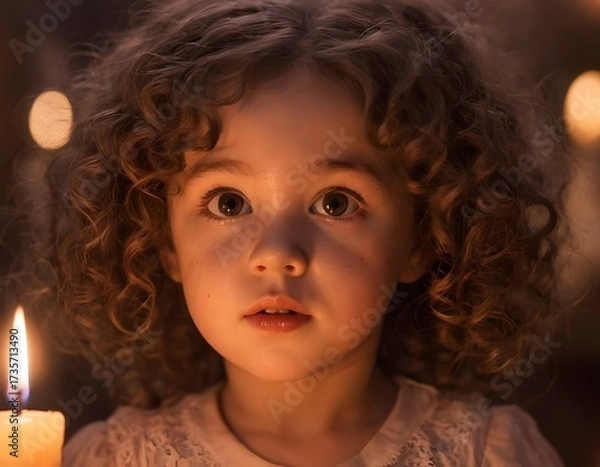 Obraz Ultra-realistic artistic close-up of a 3-year-old girl with soft curly hair lit by warm candlelight