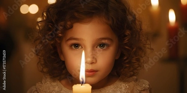 Obraz Ultra-realistic artistic close-up of a 3-year-old girl with soft curly hair lit by warm candlelight