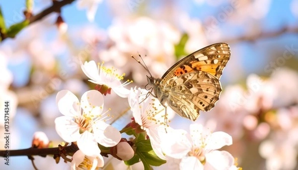 Fototapeta Butterfly on blossoming spring tree